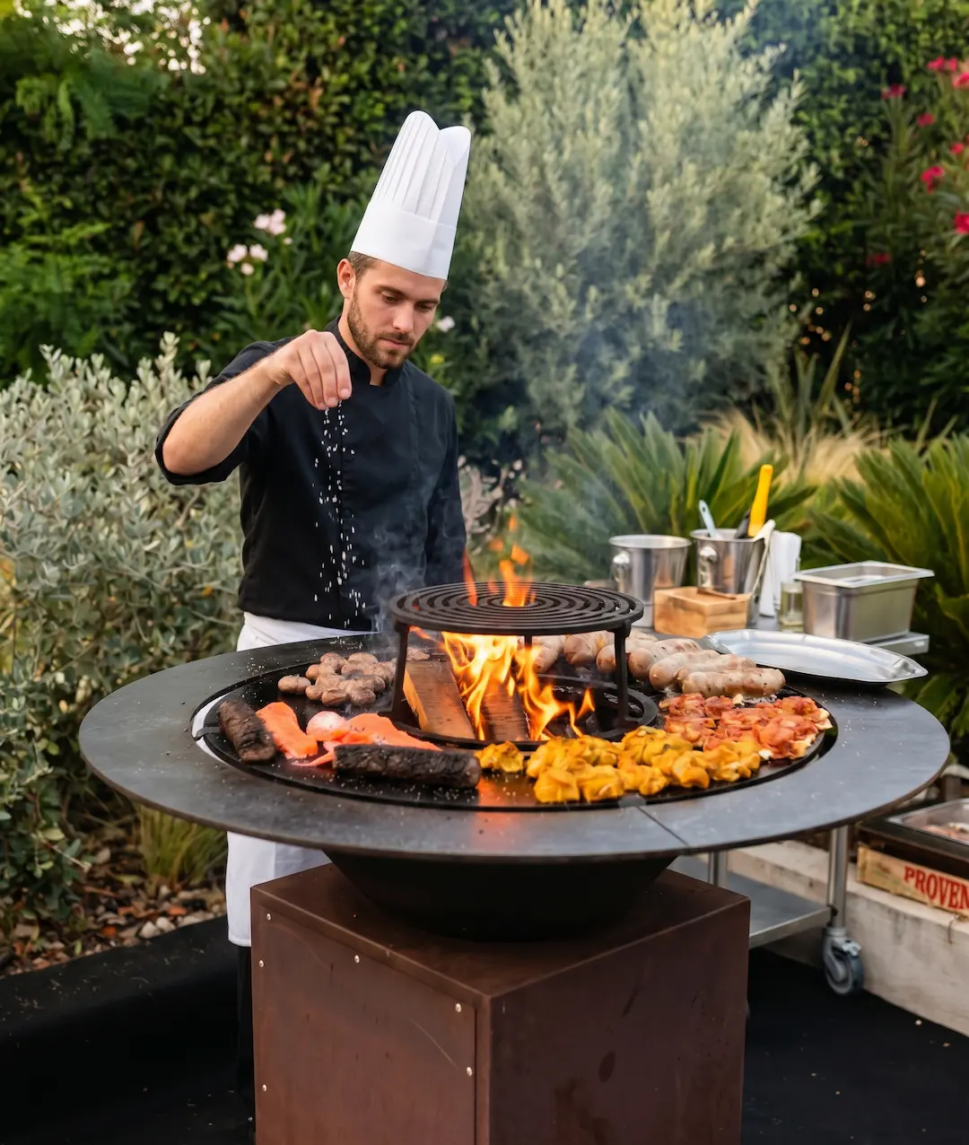 Chef préparant des grillades au brasero pour les événements traiteur des Rois Maj