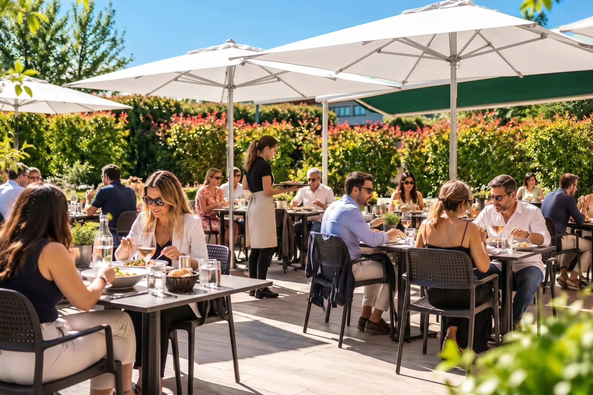 Déjeuner en terrasse sous les parasols au restaurant Les Rois Maj à Meyreuil
