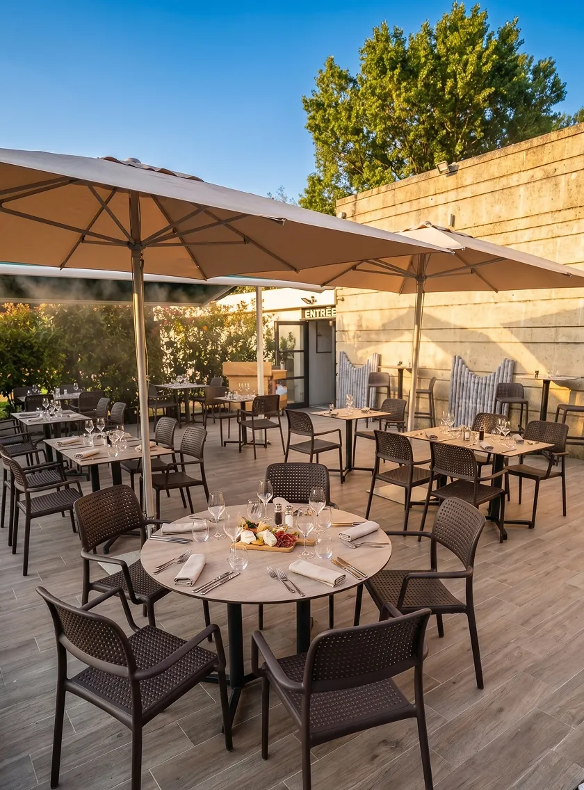 Tables dressées sous les parasols sur la terrasse des Rois Maj à Meyreuil